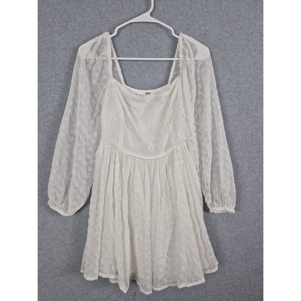 Free People Ivory Eyelet Lace Peasant Mini Dress Womens M Boho Cottagecore EUC
